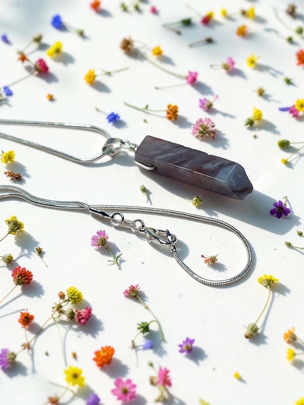 Silver Chain Necklace with Purple Crystal Point Pendant
